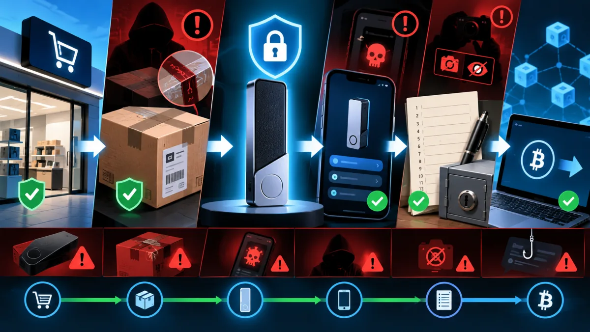 A cold wallet risk diagram showing supply chain, app, seed phrase, network and first transaction.