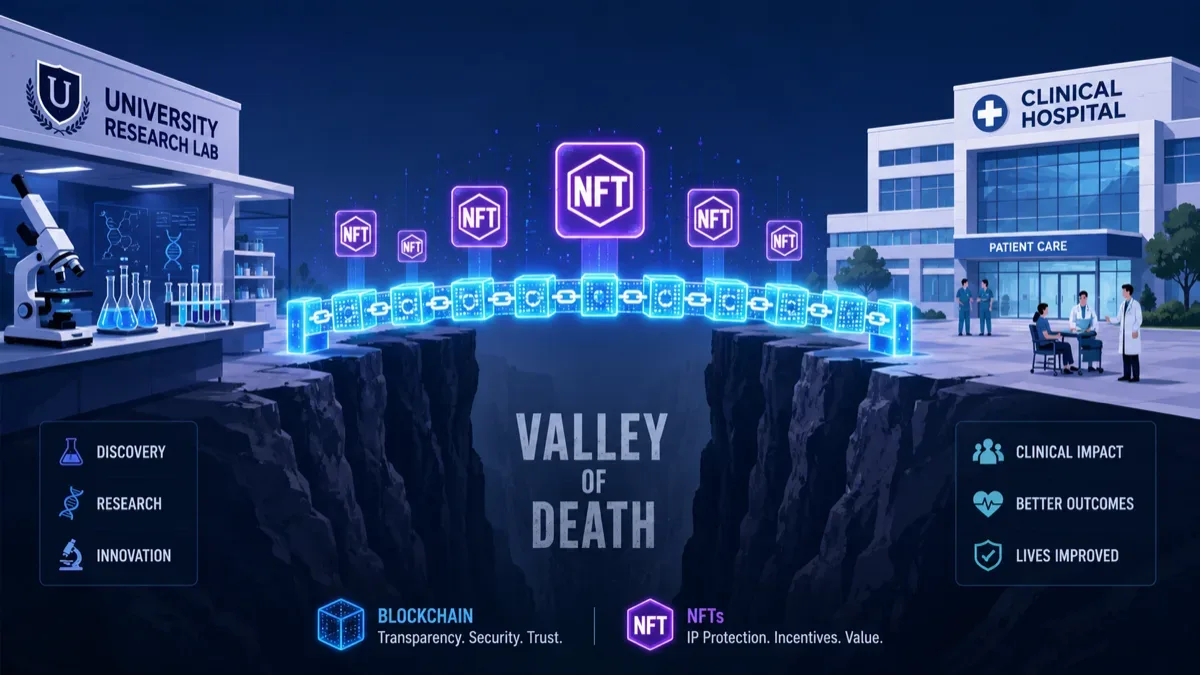 A biotech valley of death diagram between academic discovery and clinical trials
