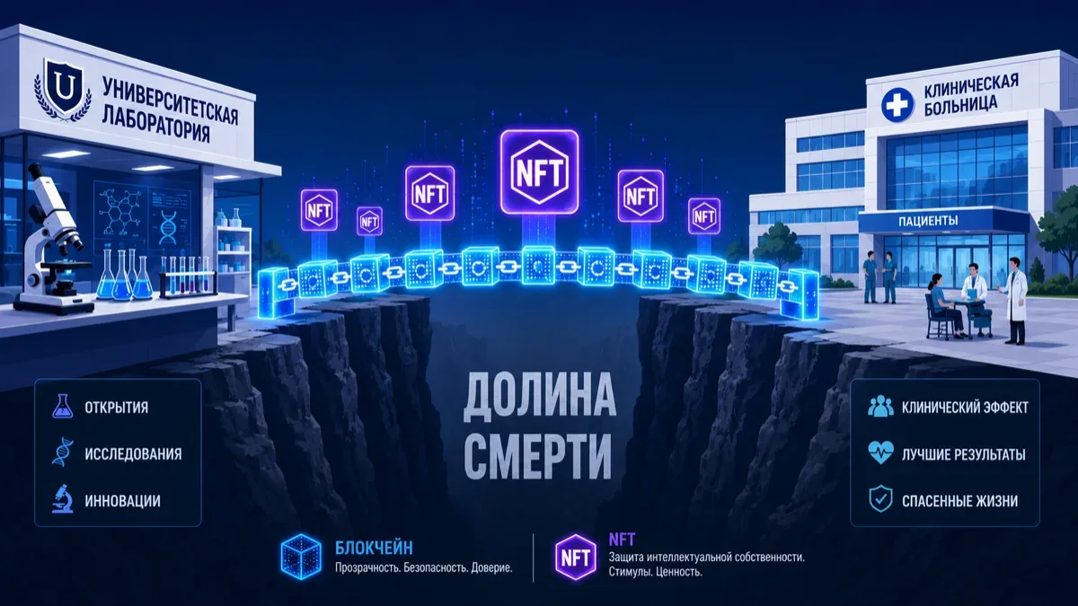 Схема долины смерти в биотехе между академической лабораторией и клиническими испытаниями