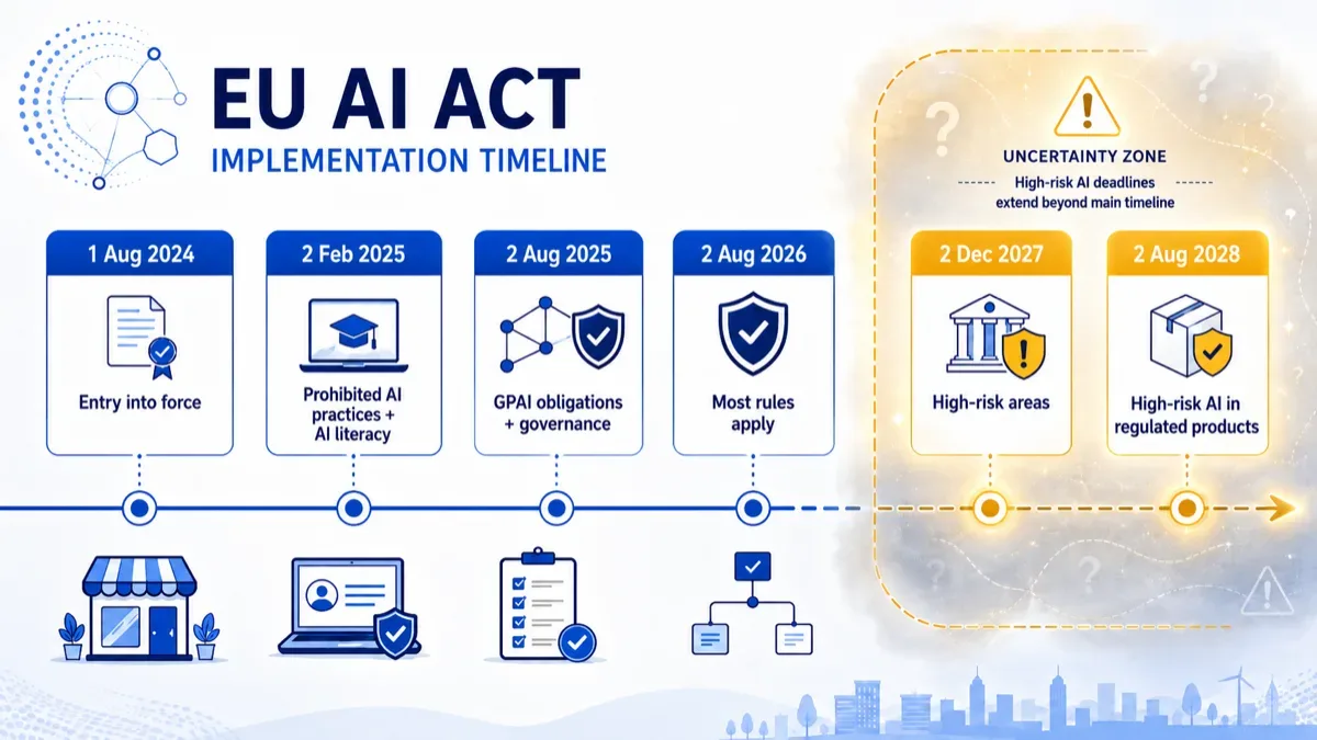 A stylized AI regulation timeline with key dates from 2024 to 2028.