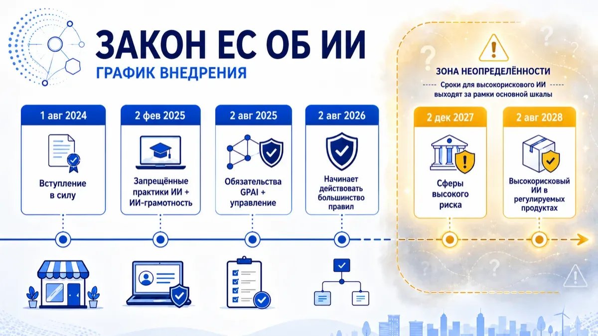 Схема ключевых дат EU AI Act с выделенной датой 2 августа 2026 года и переносом high-risk сроков.