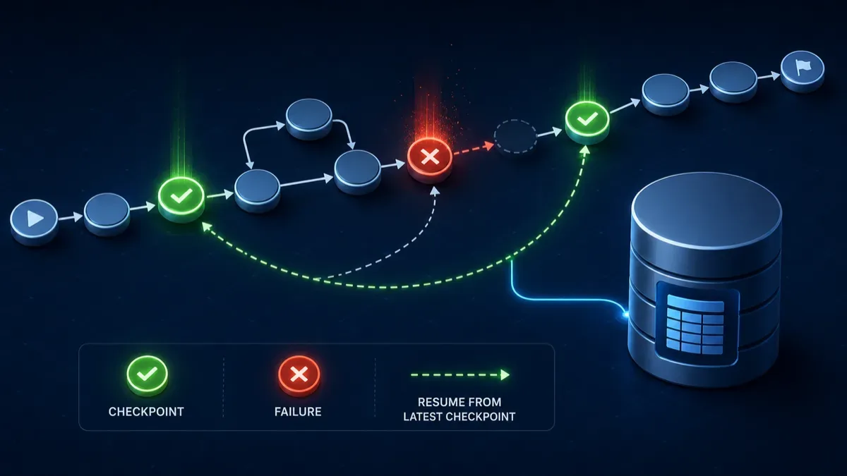 A LangGraph checkpoint and resume flow: graph nodes save state so a run can recover after interruption.
