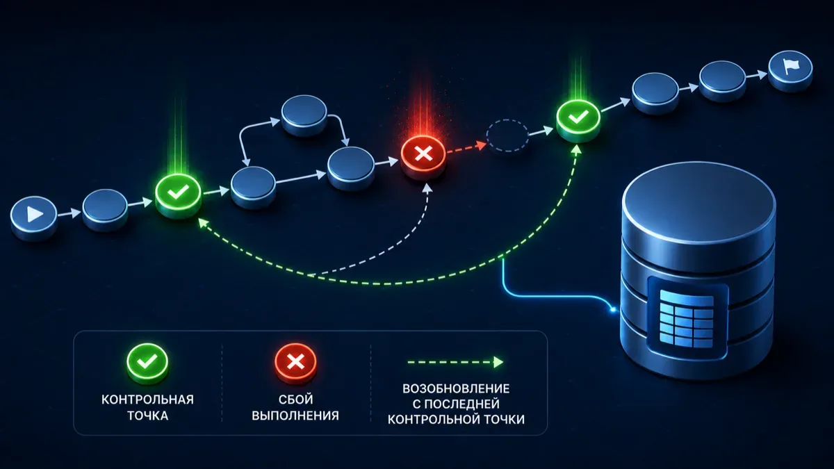 Поток выполнения LangGraph с чекпоинтами: узлы сохраняют состояние, а запуск можно восстановить после сбоя.